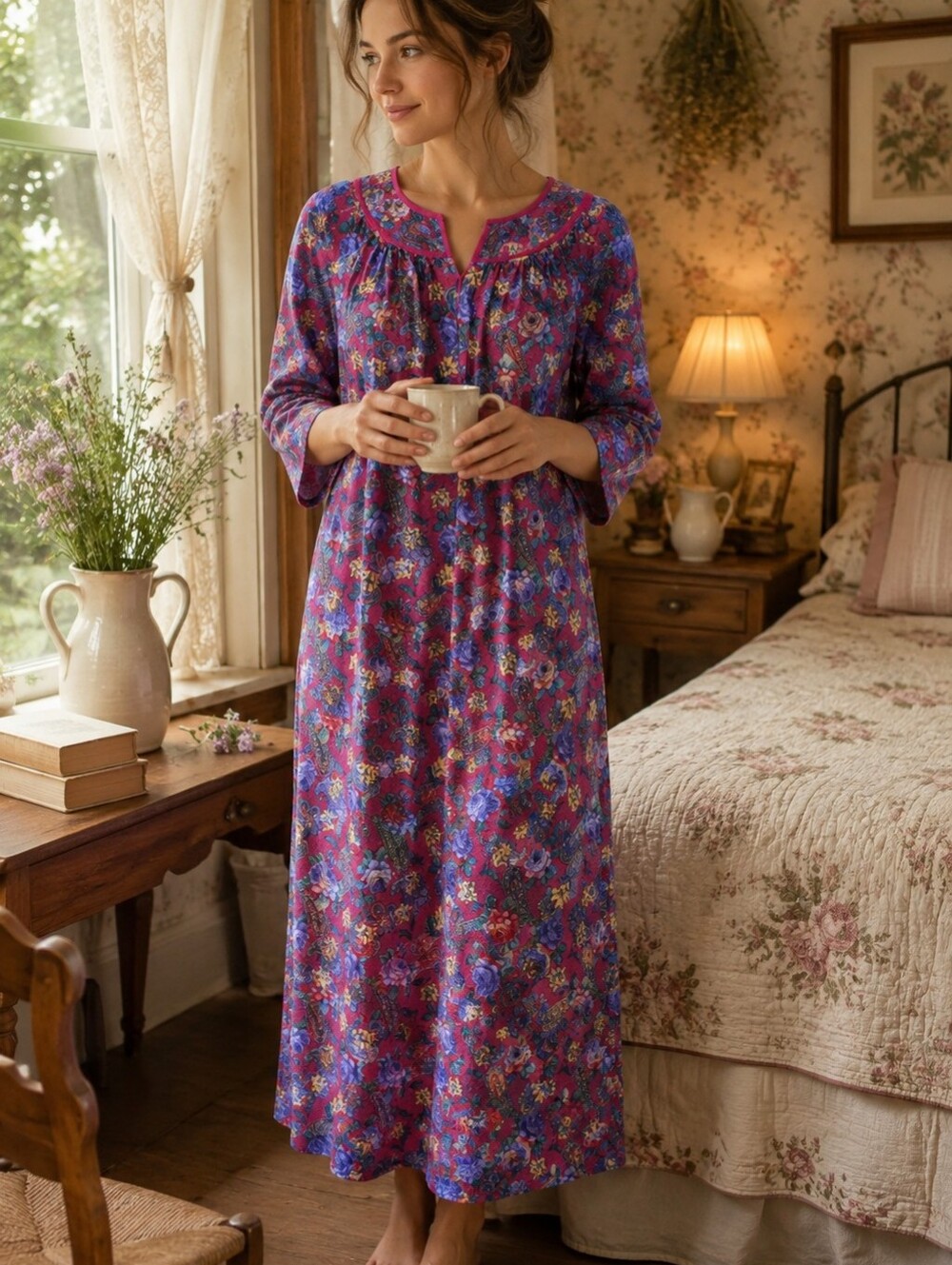 Intimate Options Vintage Women Purple Blue Floral Cottagecore Granny Nightgown L